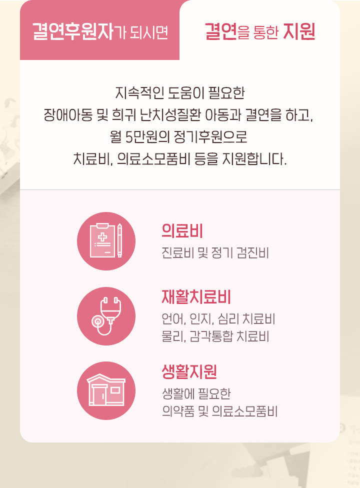 지속적인 도움이 필요한 장애아동 및 희귀 난치성질환 아동과 결연을 하고, 월 5만원의 정기후원으로 치료비, 의료소모품비 등을 지원합니다.