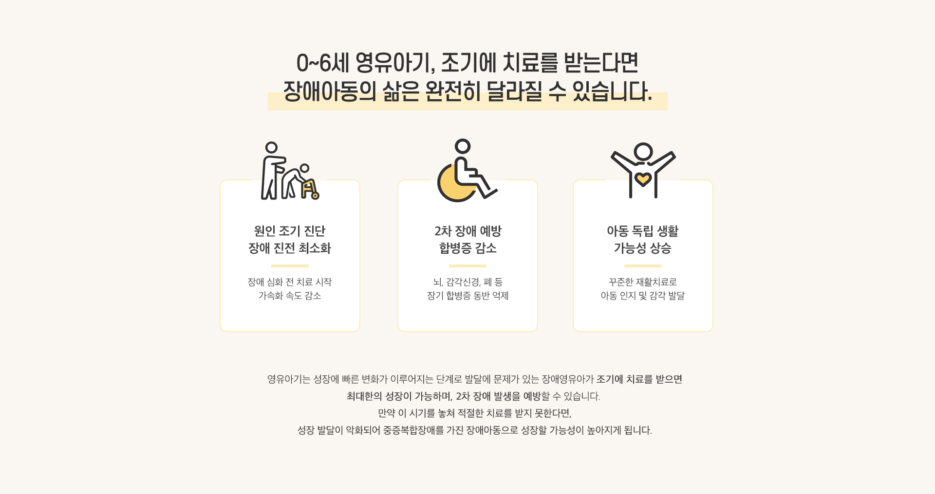 0에서 6세 영유아기 조기에 치료를 받는다면 장애아동의 삶은 완전히 달라질 수 있습니다. 장애영유아가 조기에 치료를 받으면 최대한의 성장이 가능하며, 2차 장애 발생을 예방할 수 있습니다. 만약 이 시기를 놓쳐 적절한 치료를 받지 못한다면 성장 발달이 악화되어 중증복합장애를 자긴 장애아동으로 성장할 가능성이 높아지게 됩니다.