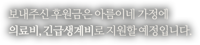 보내주신 후원금은 아름이네 가정에 의료비, 긴급생계비로 지원할 예정입니다.