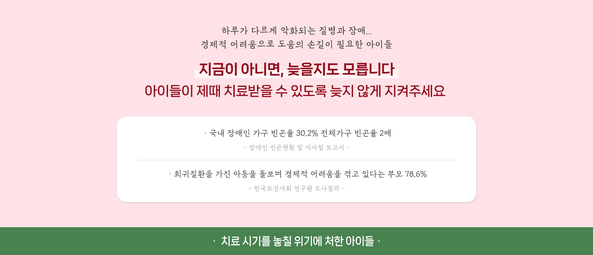 하루가 다르게 악화되는 질병과 장애... 경제적 어려움으로 도움의 손길이 필요한 아이들.지금이 아니면, 늦을지도 모릅니다. 아이들이 제때 치료받을 수 있도록 늦지 않게 지켜주세요. 치료 시기를 놓칠 위기에 처한 아이들