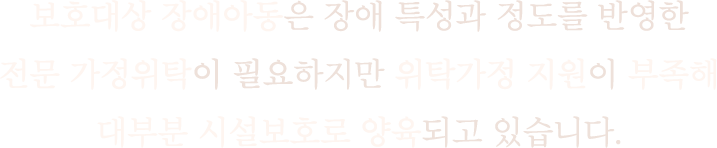 보호대상 장애아동은 장애 특성과 정도를 반영한 전문 가정위탁이 필요하지만 위탁가정 지원이 부족해 대부분 시설보호로 양육되고 있습니다.