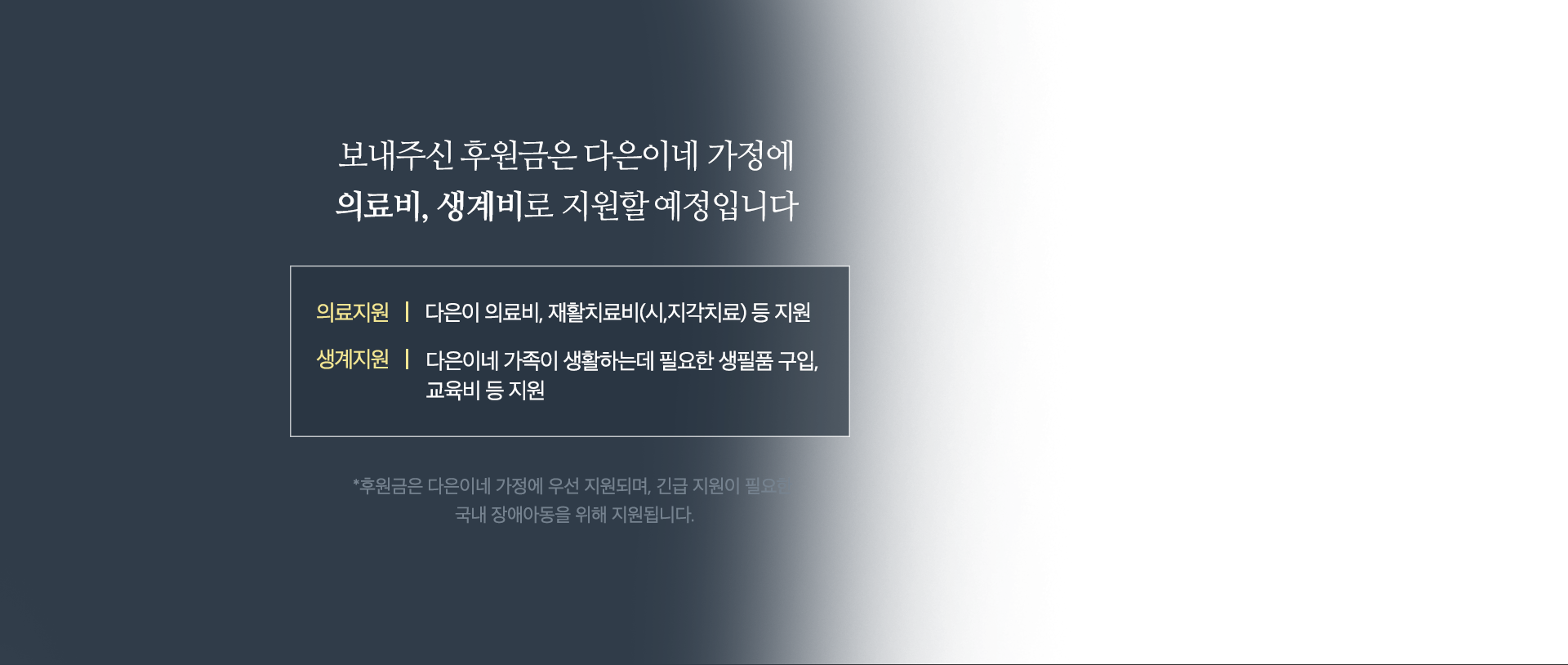 보내주신 후원금은 다은이네 가정에 의료비, 생계비로 지원할 예정입니다.