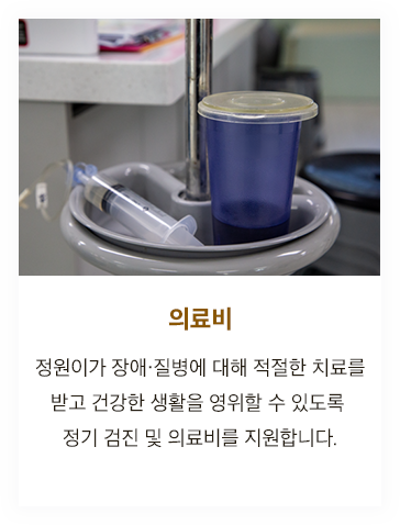 의료비 - 정원이가 장애·질병에 대해 적절한 치료를 받고 건강한 생활을 영위할 수 있도록 정기 검진 및 의료비를 지원합니다.