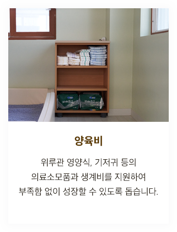 양육비 - 위루관 영양식, 기저귀 등의 의료소모품과 생계비를 지원하여 부족함 없이 성장할 수 있도록 돕습니다.