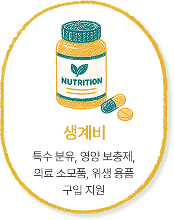생계비특수 분유, 영양 보충제, 의료 소모품, 위생 용품 구입 지원