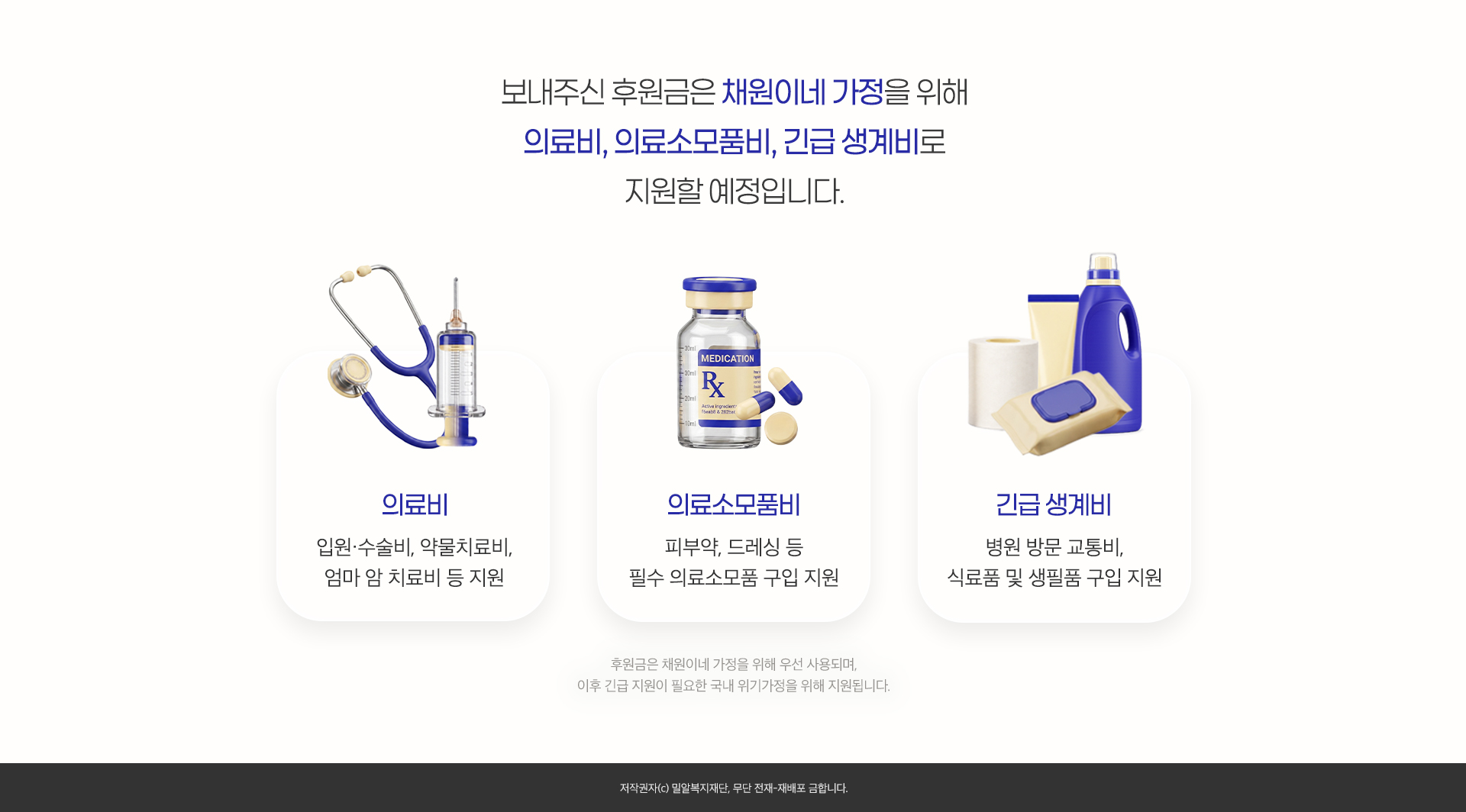 보내주신 후원금은 채원이네 가정을 위해 의료비, 의료소모품비, 긴급생계비로 지원할 예정입니다.
